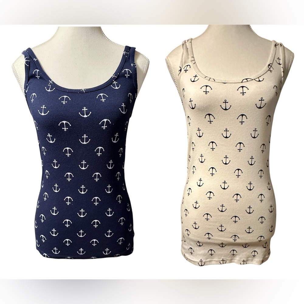 BUNDLE: Faded Glory Must Have Fitted Tanks in Blue & White Anchors, Size Large